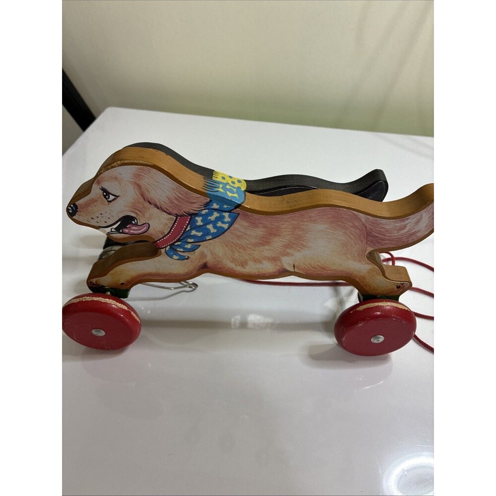 Vintage Schylling Wooden Dogs Pull Toy Black Lab Golden Retriever Racing Bell